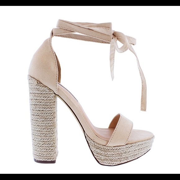 NUDE ESPADRILLE WRAP AROUND PLATFORM CHUNKY HEEL - Picture 4 of 6